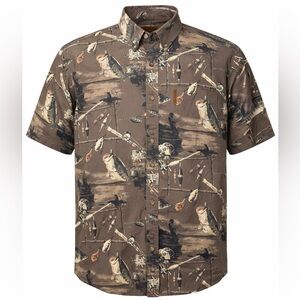 Clearwater Outfitters Men’s Fishing Print Button Up Shirt Brown Fish Lures M